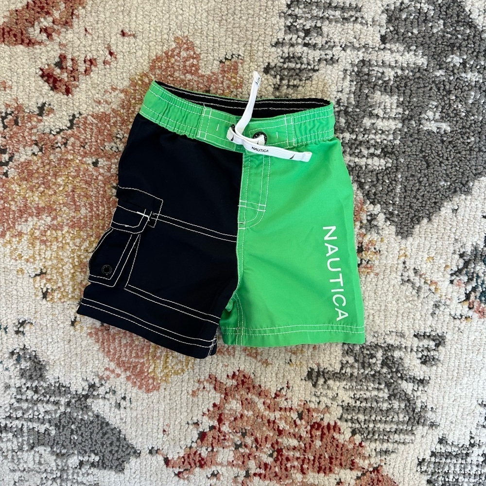 Nautica 12 Month Baby Boy Swim Trunks Shorts Vibrant Green & Navy Blue EUC